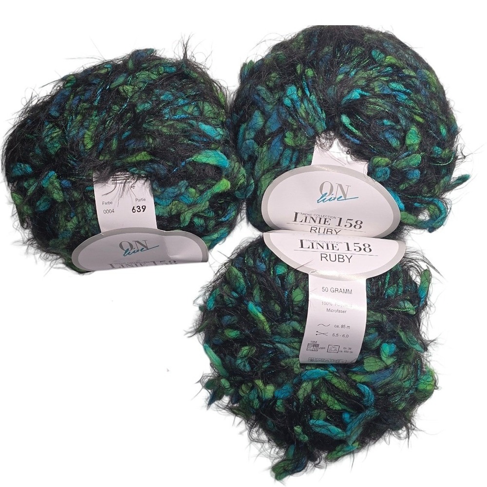 3Skeins ONline Linie 158 Ruby Yarn Color 639 Green Blue Black Mohair Blend Italy